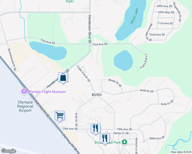 map of restaurants, bars, coffee shops, grocery stores, and more near 7536 Trails End Drive Southeast in Olympia