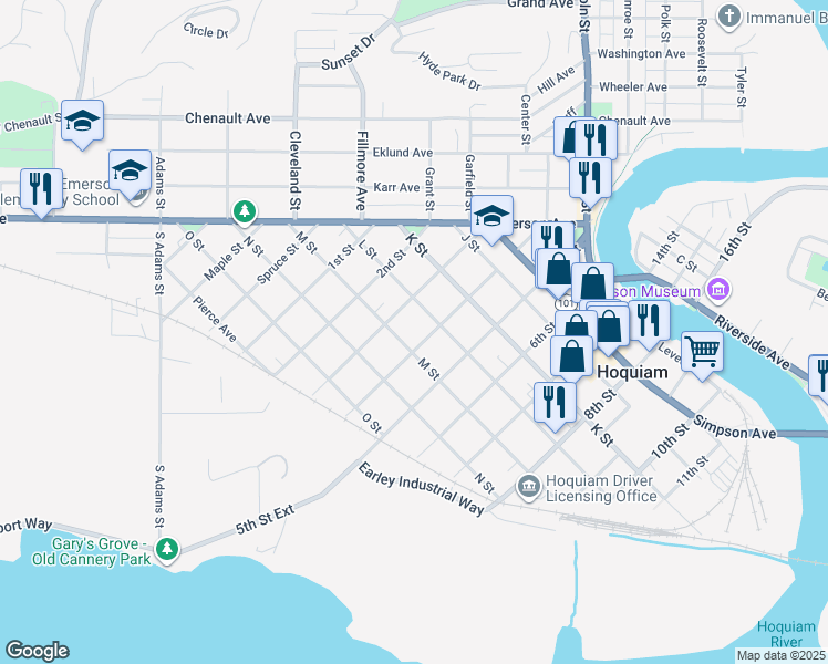 map of restaurants, bars, coffee shops, grocery stores, and more near 607 3rd Street in Hoquiam