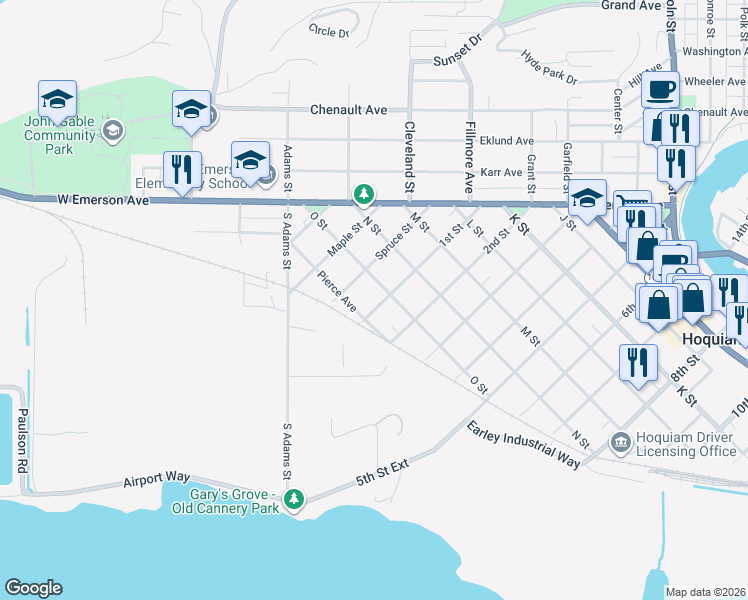 map of restaurants, bars, coffee shops, grocery stores, and more near 912 1st Street in Hoquiam