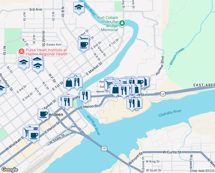 map of restaurants, bars, coffee shops, grocery stores, and more near 914 Summit Street in Aberdeen
