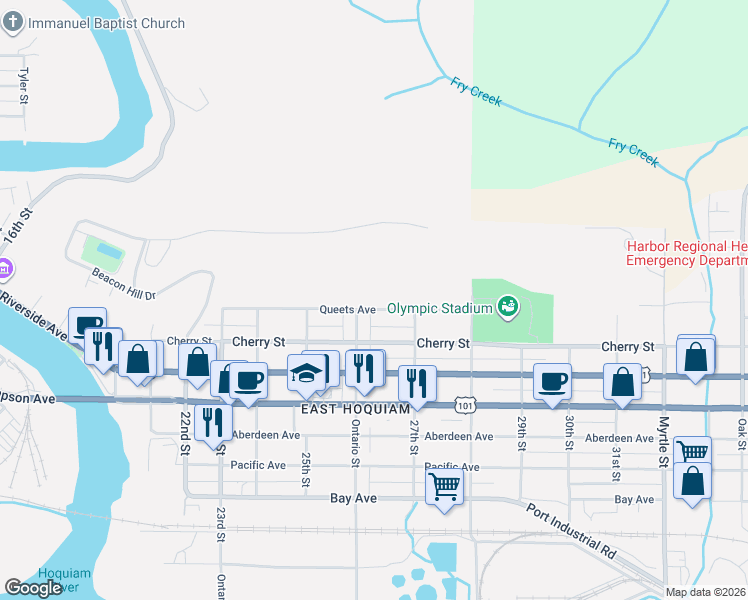 map of restaurants, bars, coffee shops, grocery stores, and more near 2631 Queets Avenue in Hoquiam