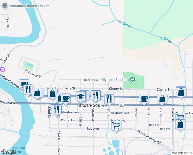 map of restaurants, bars, coffee shops, grocery stores, and more near 2535 Queets Avenue in Hoquiam