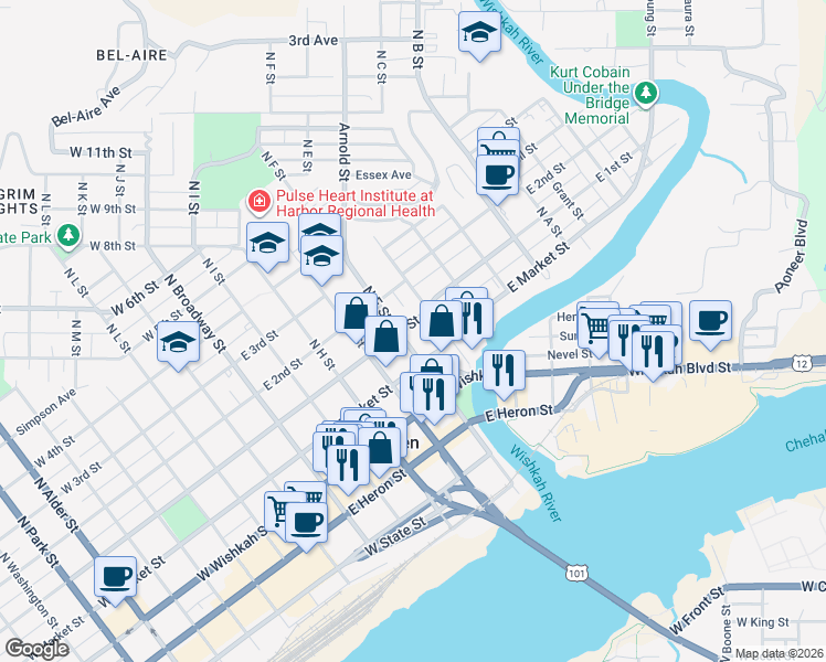 map of restaurants, bars, coffee shops, grocery stores, and more near 503 East 1st Street in Aberdeen