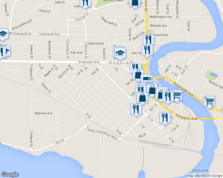 map of restaurants, bars, coffee shops, grocery stores, and more near 513 4th Street in Hoquiam