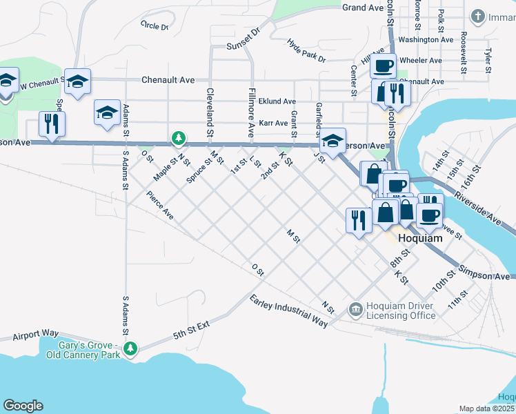 map of restaurants, bars, coffee shops, grocery stores, and more near 702 3rd Street in Hoquiam