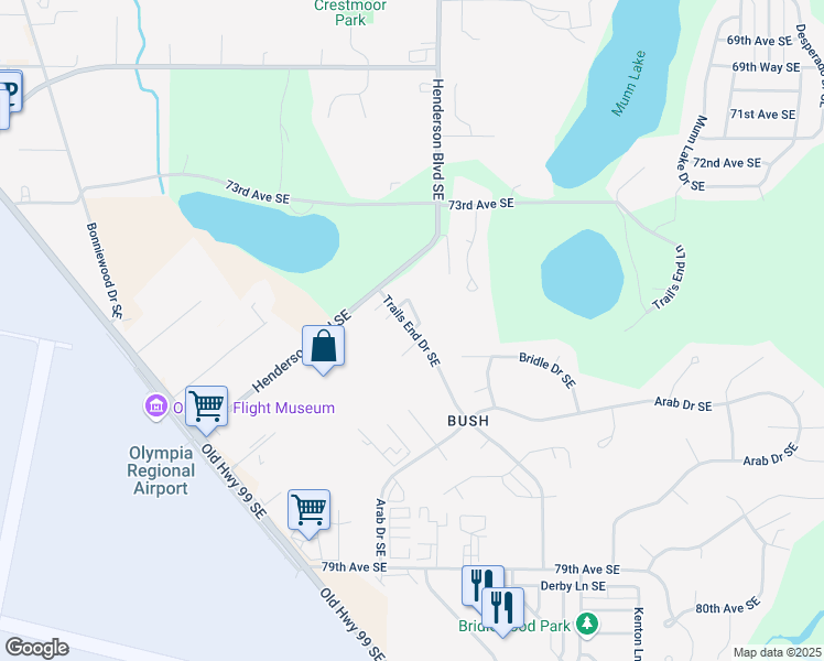 map of restaurants, bars, coffee shops, grocery stores, and more near 7514 Trails End Drive Southeast in Olympia