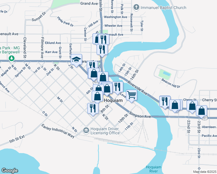 map of restaurants, bars, coffee shops, grocery stores, and more near 205 7th Street in Hoquiam