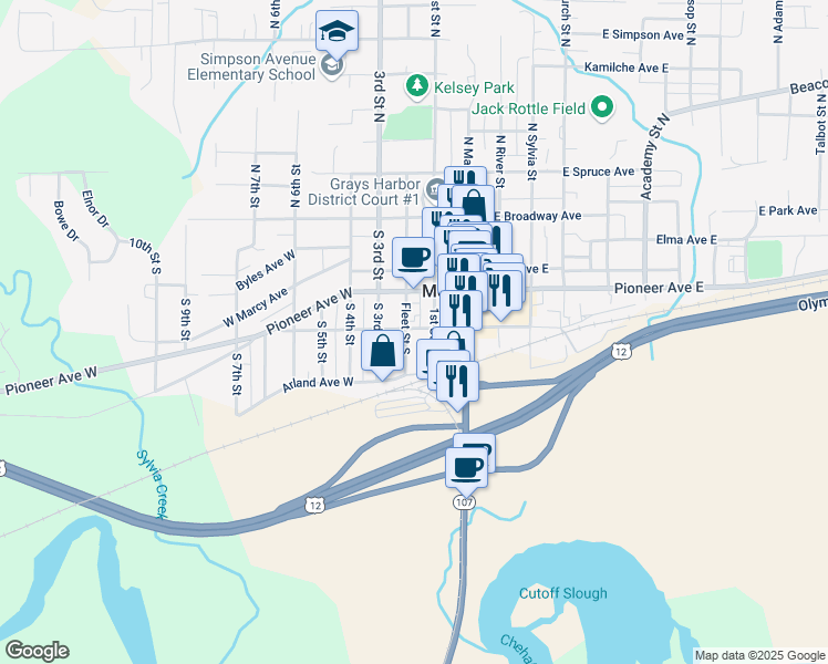 map of restaurants, bars, coffee shops, grocery stores, and more near 221 A West Wynooche Avenue in Montesano