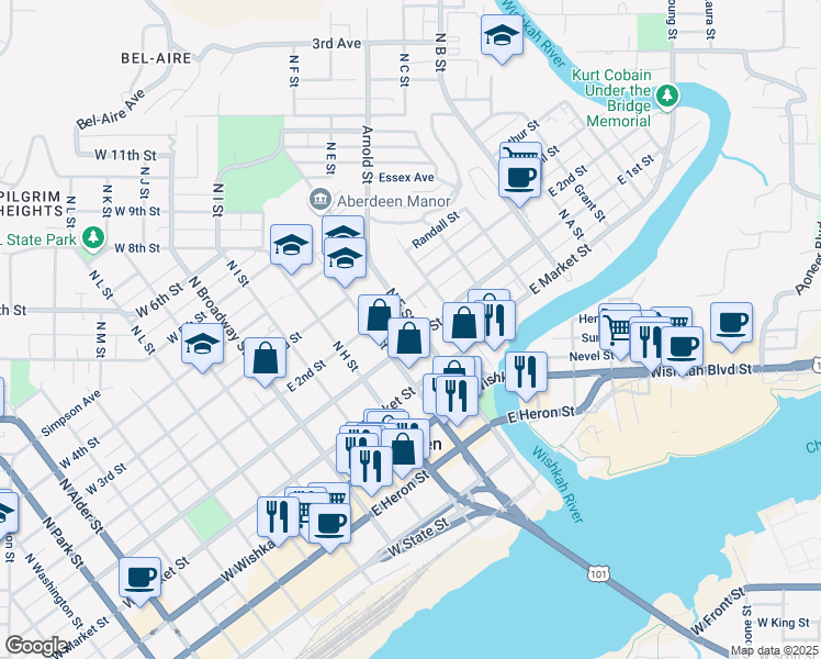 map of restaurants, bars, coffee shops, grocery stores, and more near 213 North F Street in Aberdeen