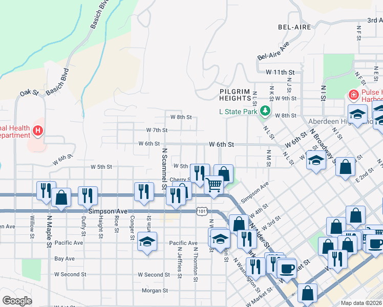 map of restaurants, bars, coffee shops, grocery stores, and more near 817 N Thornton St in Aberdeen