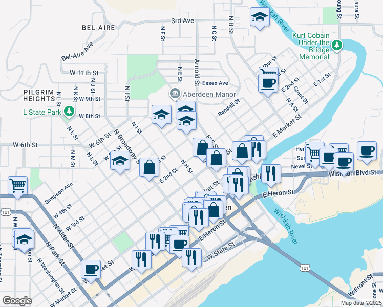 map of restaurants, bars, coffee shops, grocery stores, and more near 301 N G St in Aberdeen