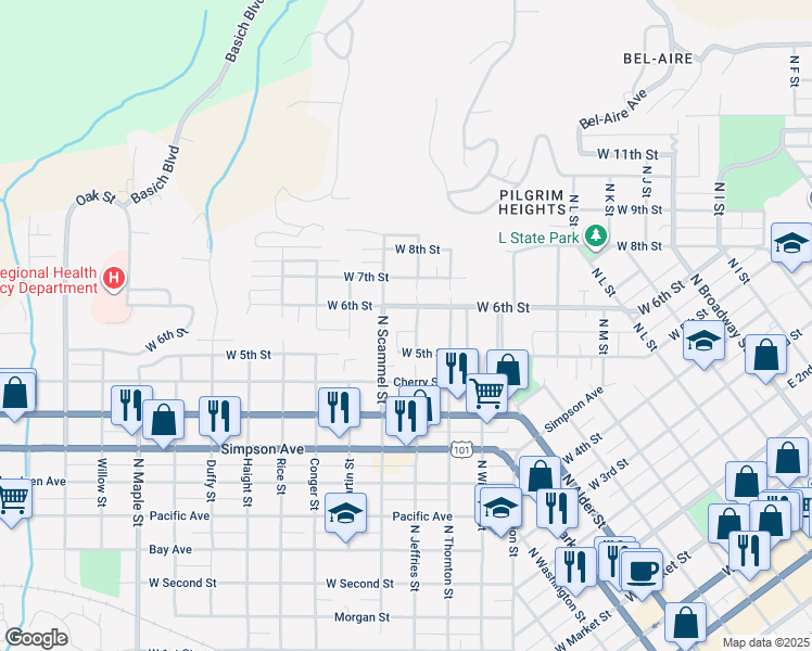 map of restaurants, bars, coffee shops, grocery stores, and more near 1606 Don Street in Aberdeen