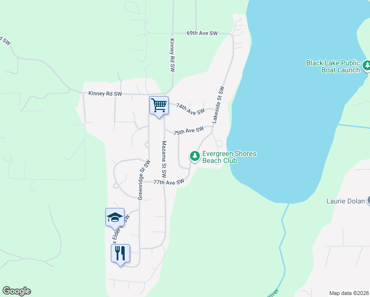 map of restaurants, bars, coffee shops, grocery stores, and more near 7518 Sprucecrest Street Southwest in Olympia