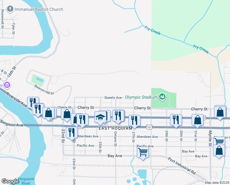 map of restaurants, bars, coffee shops, grocery stores, and more near 2535 Queets Avenue in Hoquiam