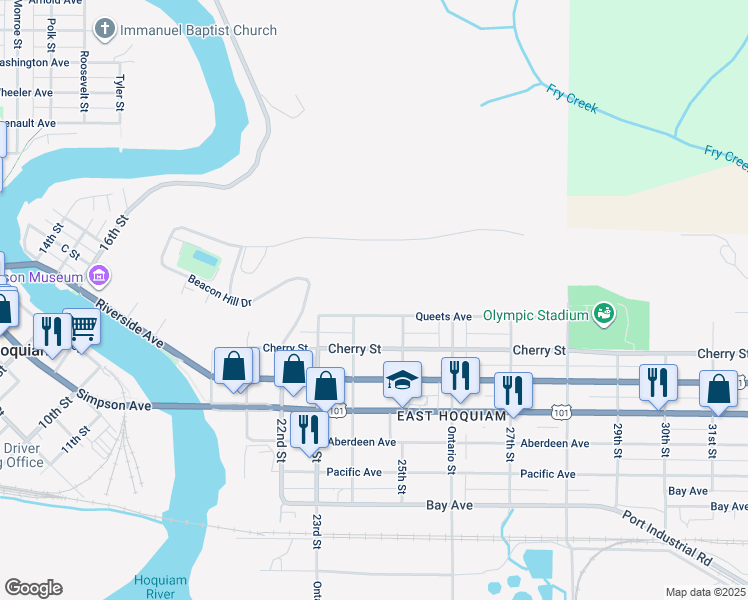map of restaurants, bars, coffee shops, grocery stores, and more near 2417 Queets Avenue in Hoquiam