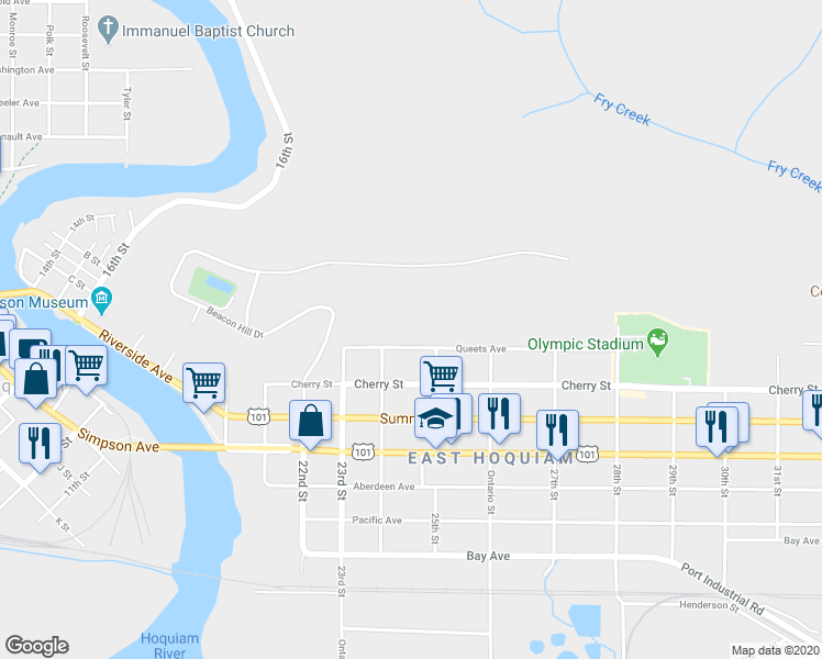 map of restaurants, bars, coffee shops, grocery stores, and more near 2417 Queets Avenue in Hoquiam