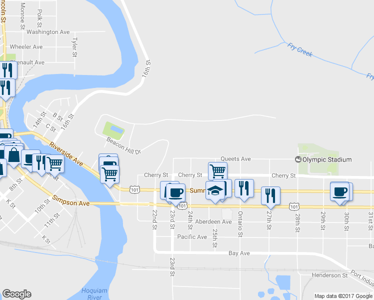 map of restaurants, bars, coffee shops, grocery stores, and more near 2325 Queets Avenue in Hoquiam