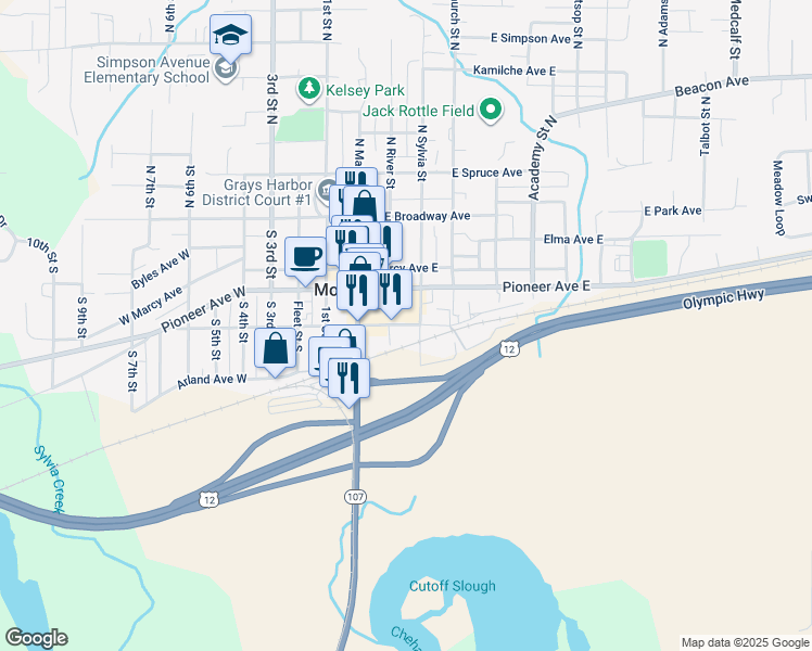 map of restaurants, bars, coffee shops, grocery stores, and more near Wynooche Avenue East in Montesano