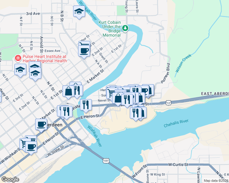 map of restaurants, bars, coffee shops, grocery stores, and more near 914 Summit St in Aberdeen