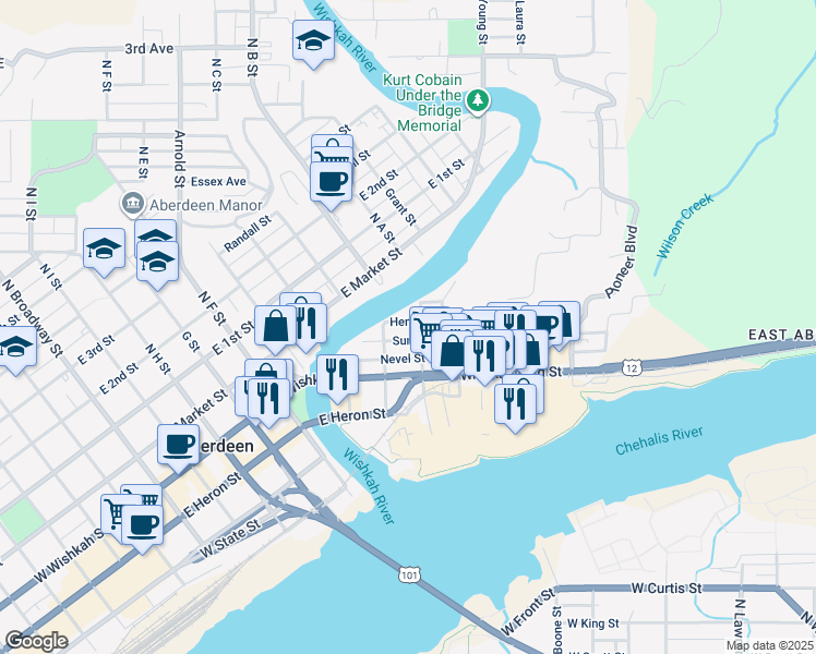 map of restaurants, bars, coffee shops, grocery stores, and more near 816 Summit Street in Aberdeen