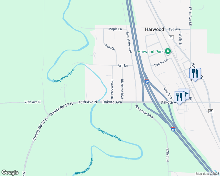 map of restaurants, bars, coffee shops, grocery stores, and more near 106 Rivershore Drive in Harwood