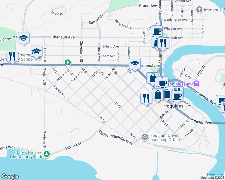 map of restaurants, bars, coffee shops, grocery stores, and more near 607 3rd Street in Hoquiam