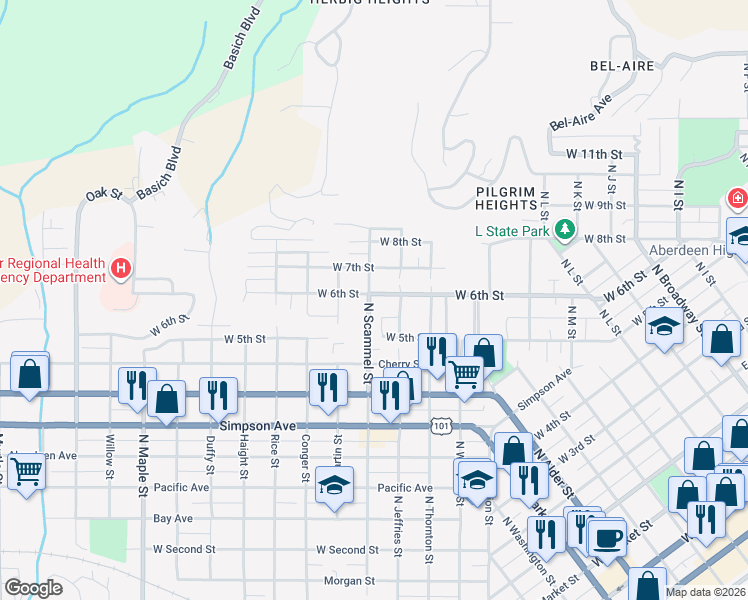 map of restaurants, bars, coffee shops, grocery stores, and more near 1606 Don Street in Aberdeen