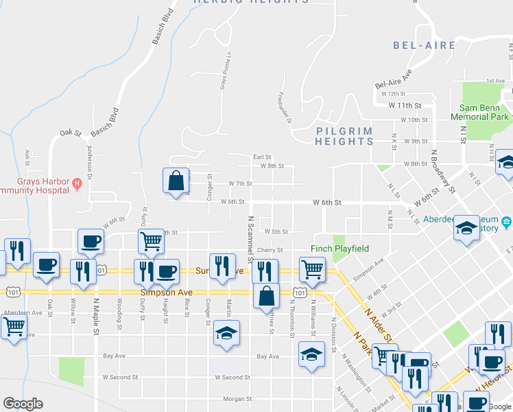 map of restaurants, bars, coffee shops, grocery stores, and more near 1617 West 6th Street in Aberdeen