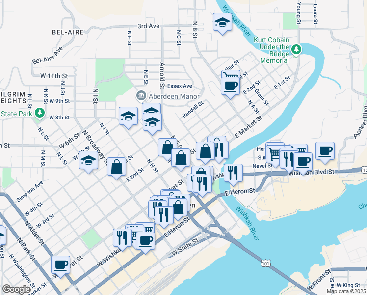 map of restaurants, bars, coffee shops, grocery stores, and more near 213 North F Street in Aberdeen