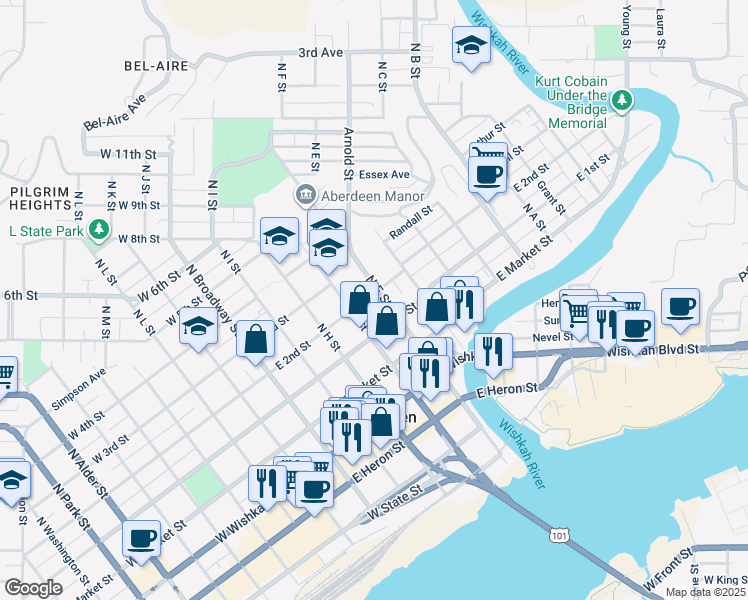 map of restaurants, bars, coffee shops, grocery stores, and more near 213 North F Street in Aberdeen