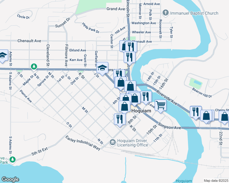 map of restaurants, bars, coffee shops, grocery stores, and more near 508 J Street in Hoquiam