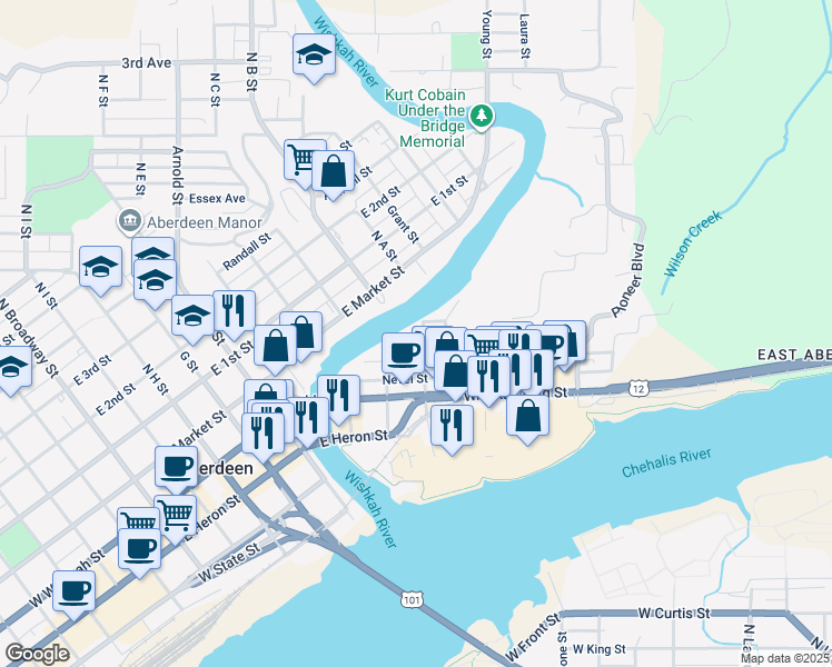 map of restaurants, bars, coffee shops, grocery stores, and more near 816 Summit Street in Aberdeen
