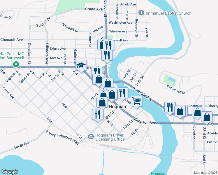 map of restaurants, bars, coffee shops, grocery stores, and more near 205 7th Street in Hoquiam