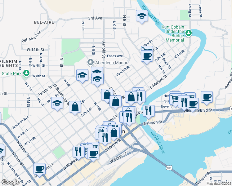 map of restaurants, bars, coffee shops, grocery stores, and more near 213 North F Street in Aberdeen