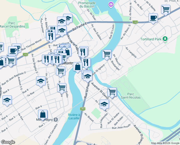 map of restaurants, bars, coffee shops, grocery stores, and more near 191 Avenue de la Fabrique in Montmagny