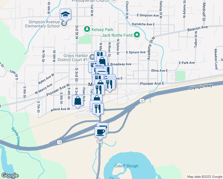 map of restaurants, bars, coffee shops, grocery stores, and more near 211 Pioneer Road in Aberdeen
