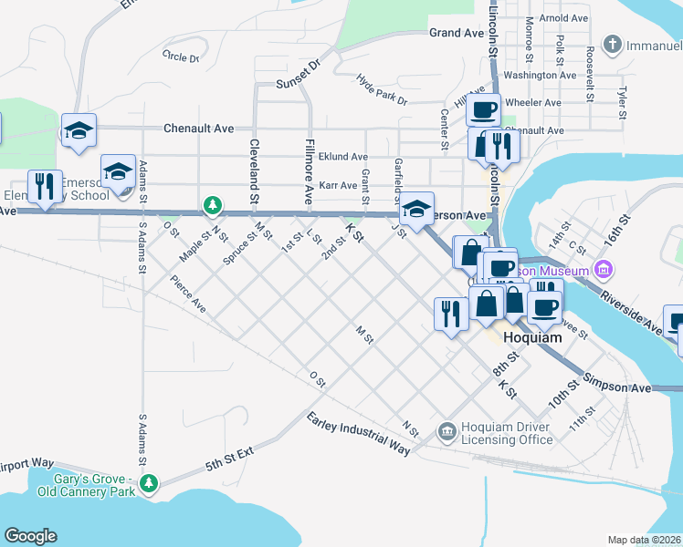 map of restaurants, bars, coffee shops, grocery stores, and more near 604 3rd Street in Hoquiam