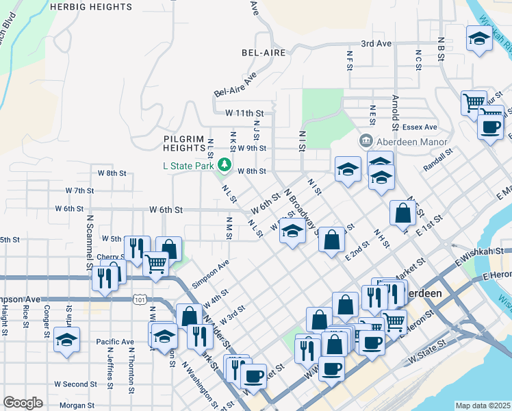 map of restaurants, bars, coffee shops, grocery stores, and more near 617 North L Street in Aberdeen