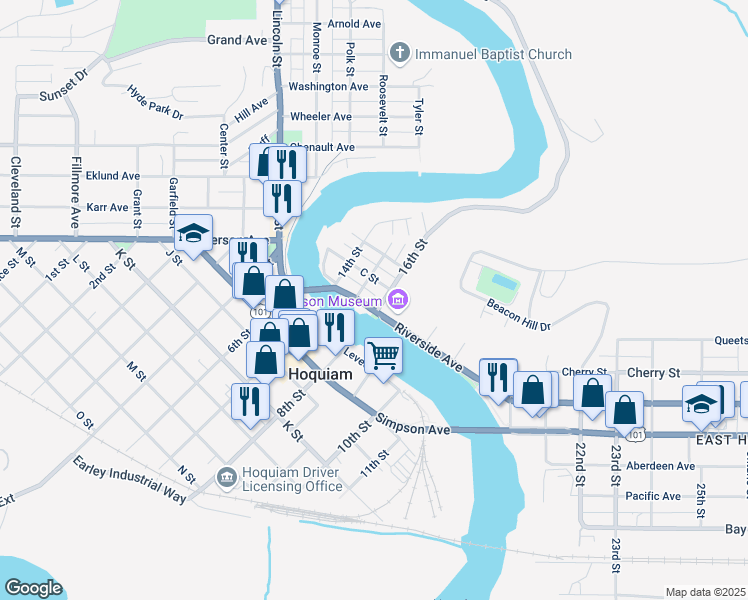 map of restaurants, bars, coffee shops, grocery stores, and more near 1515 Riverside Avenue in Hoquiam