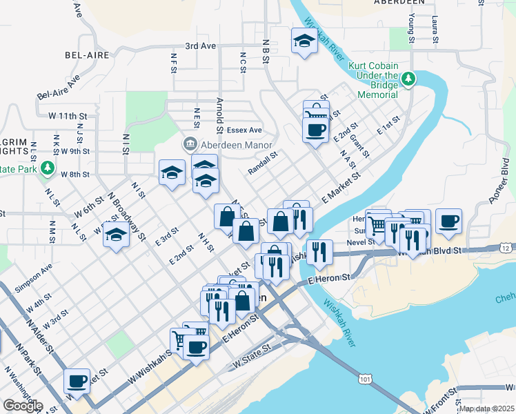 map of restaurants, bars, coffee shops, grocery stores, and more near 503 East 1st Street in Aberdeen