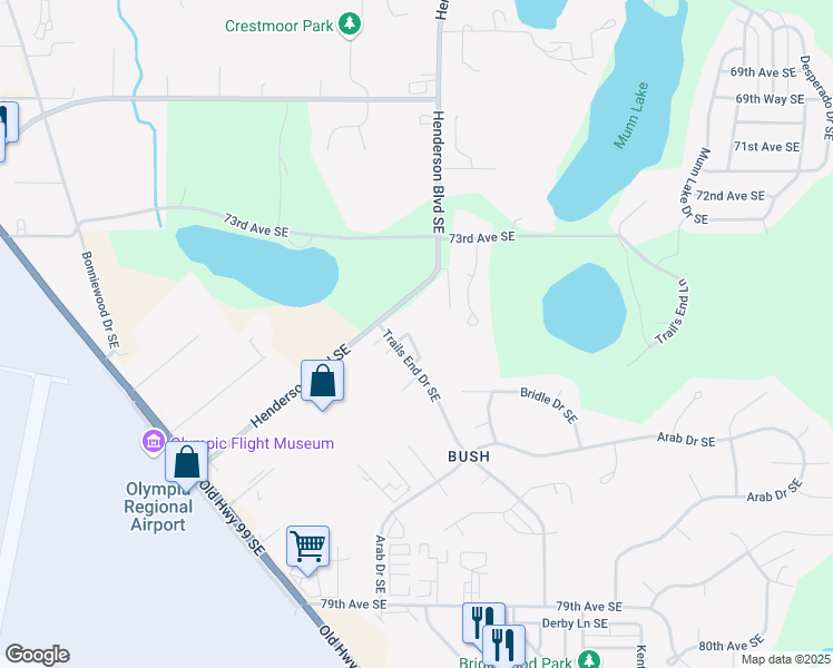 map of restaurants, bars, coffee shops, grocery stores, and more near 7448 Trails End Drive Southeast in Olympia