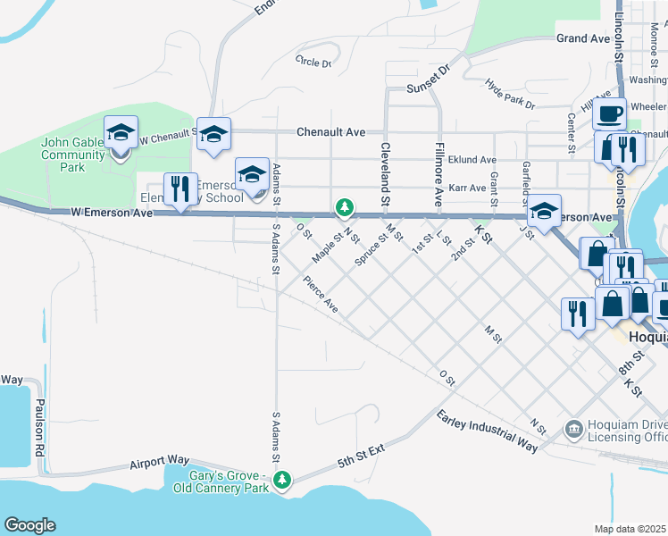 map of restaurants, bars, coffee shops, grocery stores, and more near 56 O Street in Hoquiam