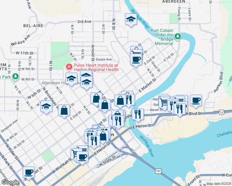 map of restaurants, bars, coffee shops, grocery stores, and more near 602 East 1st Street in Aberdeen