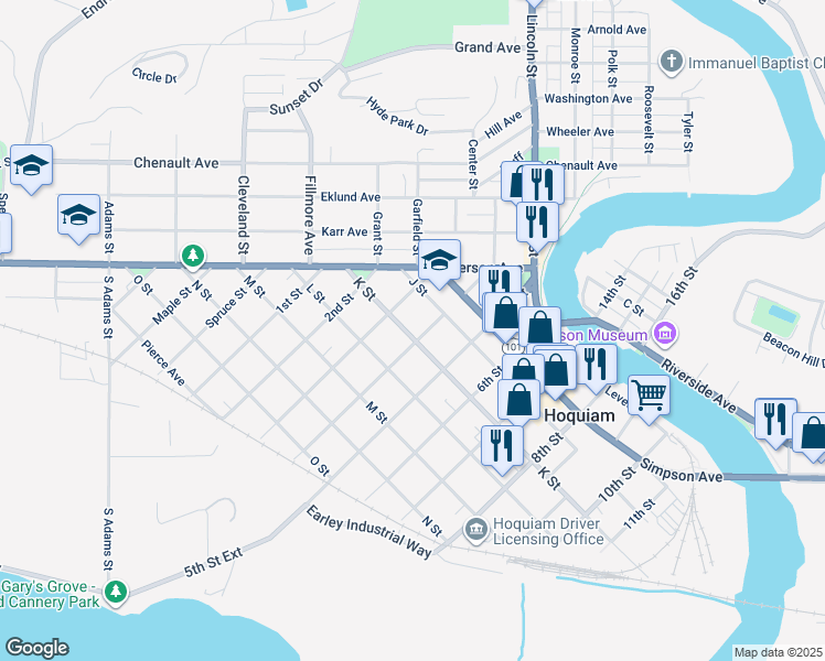 map of restaurants, bars, coffee shops, grocery stores, and more near 417 3rd Street in Hoquiam