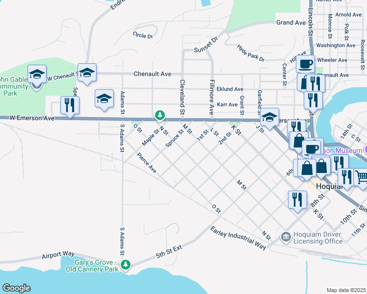 map of restaurants, bars, coffee shops, grocery stores, and more near 750 1st Street in Hoquiam
