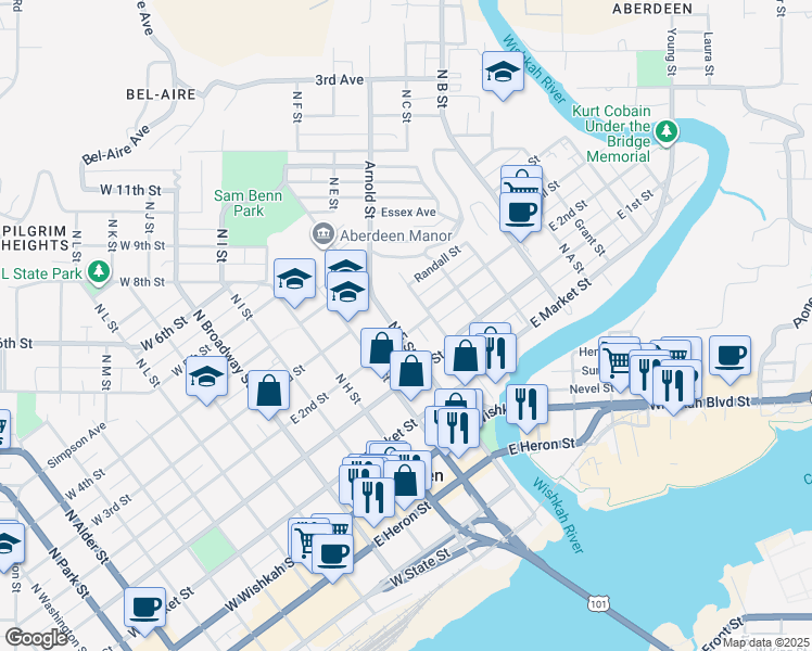 map of restaurants, bars, coffee shops, grocery stores, and more near 504 East 2nd Street in Aberdeen