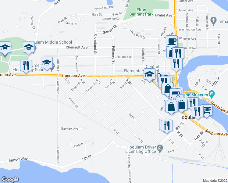 map of restaurants, bars, coffee shops, grocery stores, and more near 616 2nd Street in Hoquiam