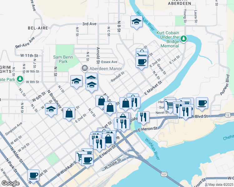 map of restaurants, bars, coffee shops, grocery stores, and more near 218 North E Street in Aberdeen