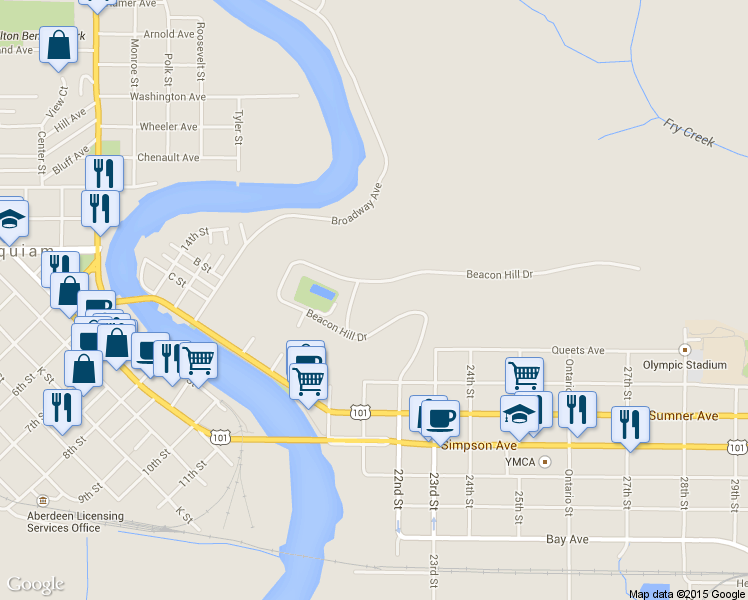 map of restaurants, bars, coffee shops, grocery stores, and more near 350 Beacon Hill Drive in Hoquiam