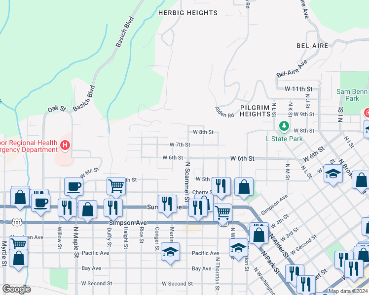 map of restaurants, bars, coffee shops, grocery stores, and more near 1701 West 7th Street in Aberdeen